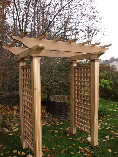 Rustic Pergola-Framed York Stone Walkway - Randle Siddeley Wooden Cedar Garden Arbor by New England Woodworks