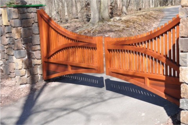 Wooden Cedar Driveway Gate designed for hilltop entrance